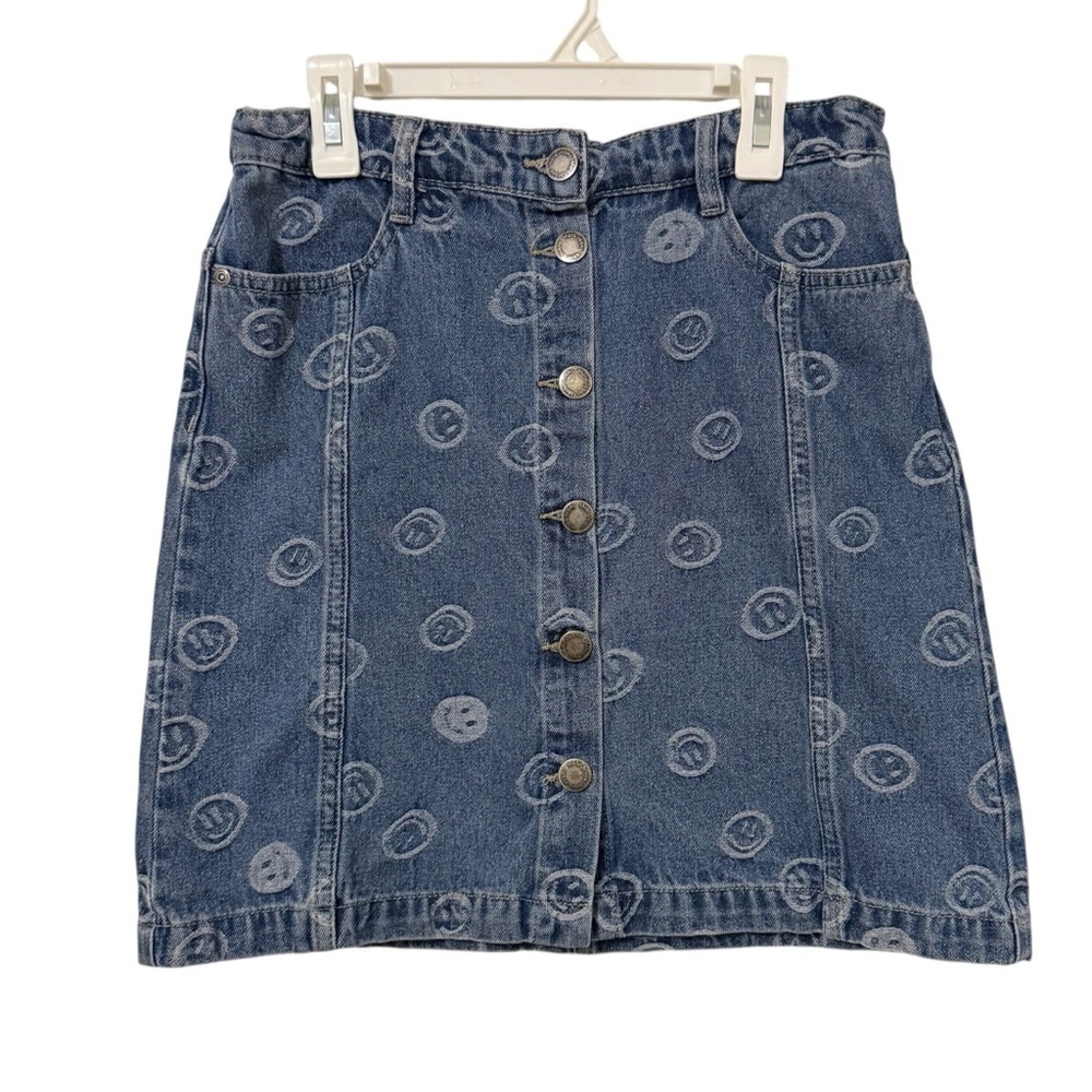 Molo Bera Blue Happiness Denim Mini Skirt Girls Size 16 Smiley Face Button Front - Picture 2 of 10